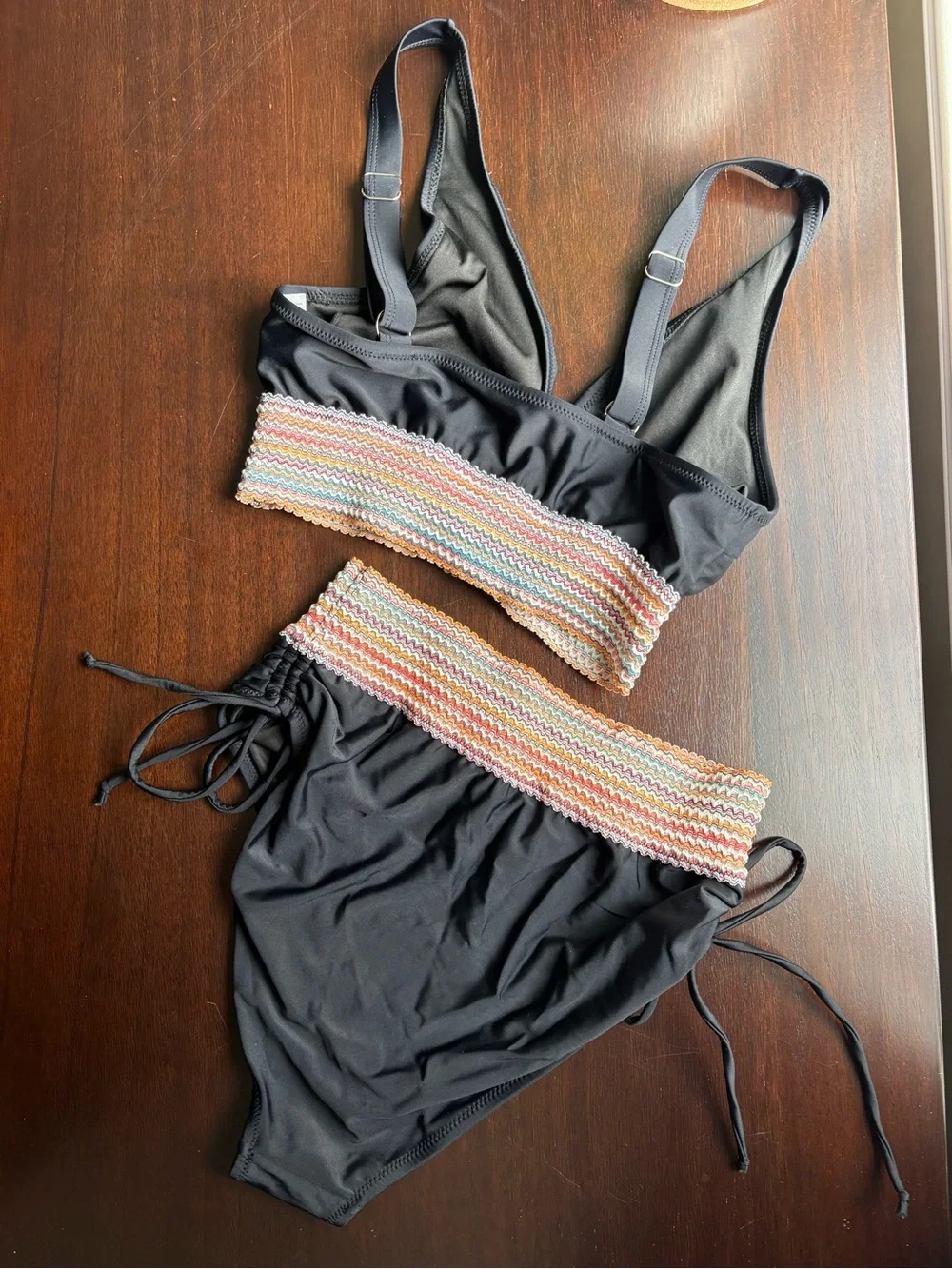 Black Two-Piece Swim Set with Multicolor Elastic Band